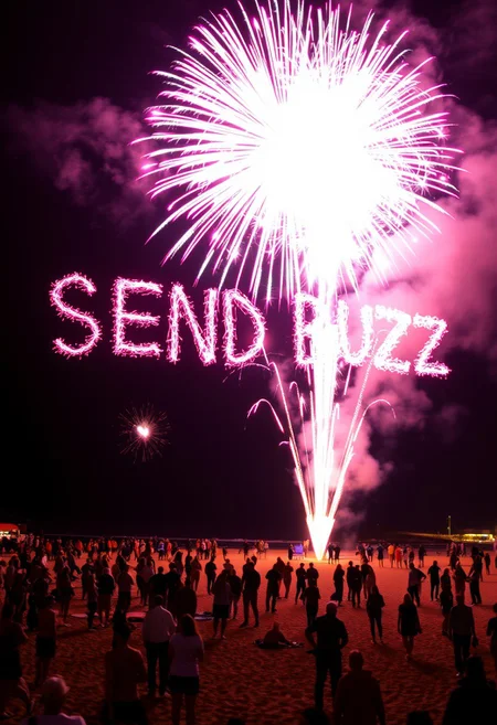 a colorful fireworks display on the beach, a crowd of people watching as the phrase SEND BUZZ is formed as the fireworks explode in the sky. (EXTREMELY DETAILED)