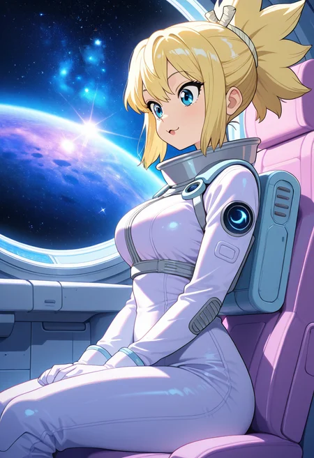 kohaku_(dr_stone), :3, ultra detailed, masterpiece, best quality, 1girl, solo, adult, indoors, space suit, sitting, seat, windows, futuristic vehicle, space, stars, galaxy, pastel colors, vintage, intricate detailed, finely detailed, amazing detail, from side, smile, :o, awe, shadows, dim lighting, cowboy shot,