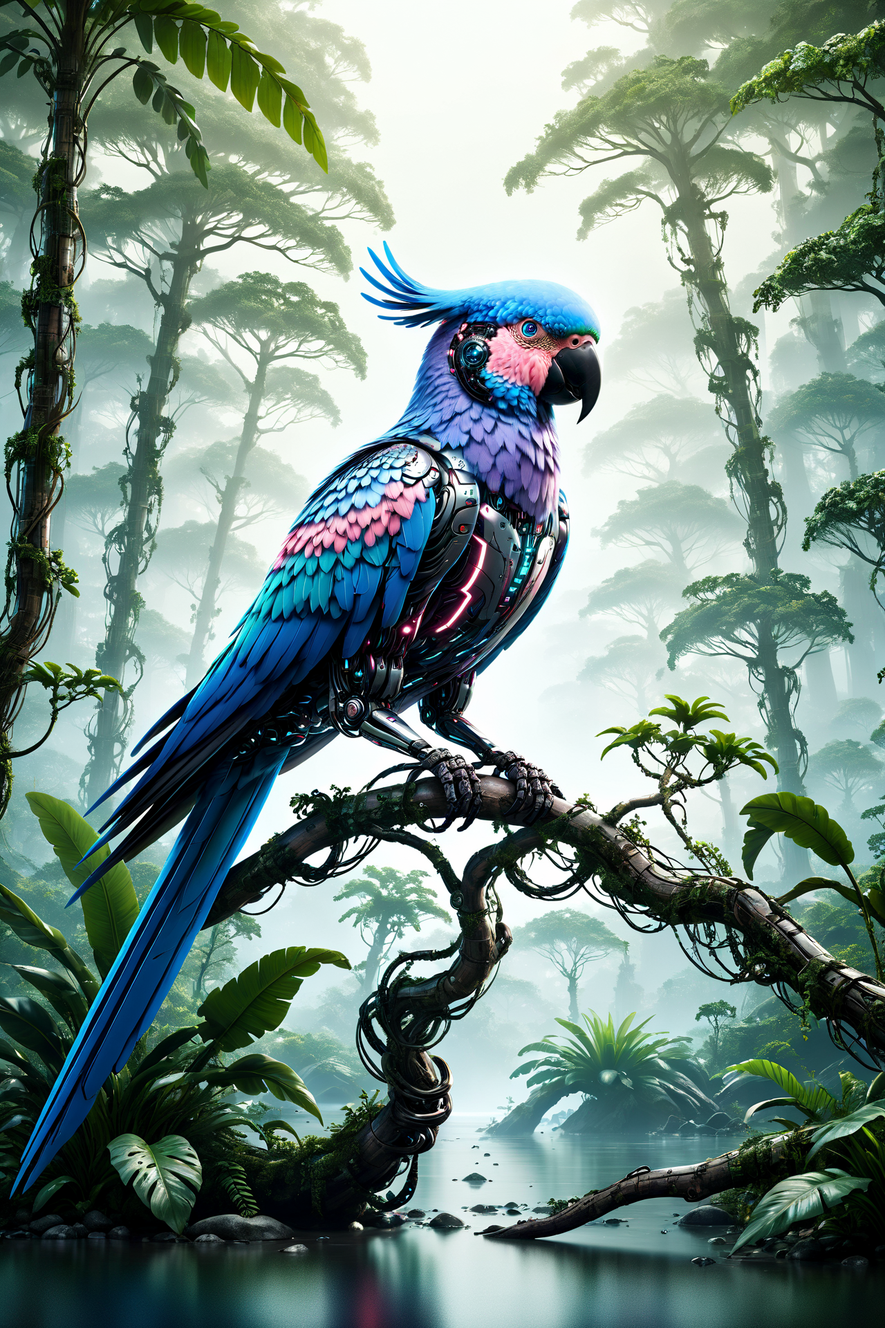 cyberanimals, Imagine a dense and colorful jungle scene, where the rich, lush greenery and  vibrant flowers in a myriad of hues. The overall ambiance of the image is somewhat dark, conveying the depth and mystery of the jungle. However, light rays pierce through the thick canopy above, creating dynamic beams that illuminate patches of the verdant underbrush and floral sea. Perched on a branch within this vivid setting is a cybernetic parrot, its design a stark contrast to the natural surroundings. The parrot's feathers are a striking blend of teal, magenta, and other vivid cyberpunk colors. Its eyes emit a soft, glowing light, adding an otherworldly element to the scene. This juxtaposition of the natural jungle environment with the futuristic, colorful cybernetic parrot creates a unique and visually striking image <lora:Neon_Cyberpunk_SDXL_Cyberanimals:1> ac_neg2 <lora:EnvyZoomSliderXL01:-1>, (masterpiece:1.2), best quality, (hyperdetailed, highest detailed:1.2), high resolution textures, <lora:EnvyBetterHiresFixXL01:1>
