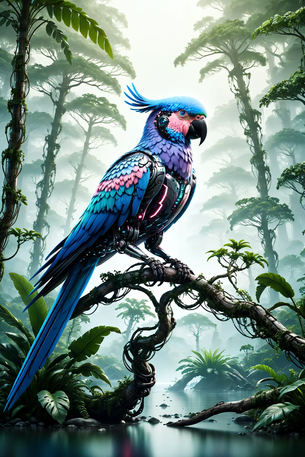 cyberanimals, Imagine a dense and colorful jungle scene, where the rich, lush greenery and vibrant flowers in a myriad of hues. The overall ambiance of the image is somewhat dark, conveying the depth and mystery of the jungle. However, light rays pierce through the thick canopy above, creating dynamic beams that illuminate patches of the verdant underbrush and floral sea. Perched on a branch within this vivid setting is a cybernetic parrot, its design a stark contrast to the natural surroundings. The parrot's feathers are a striking blend of teal, magenta, and other vivid cyberpunk colors. Its eyes emit a soft, glowing light, adding an otherworldly element to the scene. This juxtaposition of the natural jungle environment with the futuristic, colorful cybernetic parrot creates a unique and visually striking image <lora:Neon_Cyberpunk_SDXL_Cyberanimals:1> ac_neg2 <lora:EnvyZoomSliderXL01:-1>, (masterpiece:1.2), best quality, (hyperdetailed, highest detailed:1.2), high resolution textures, <lora:EnvyBetterHiresFixXL01:1>