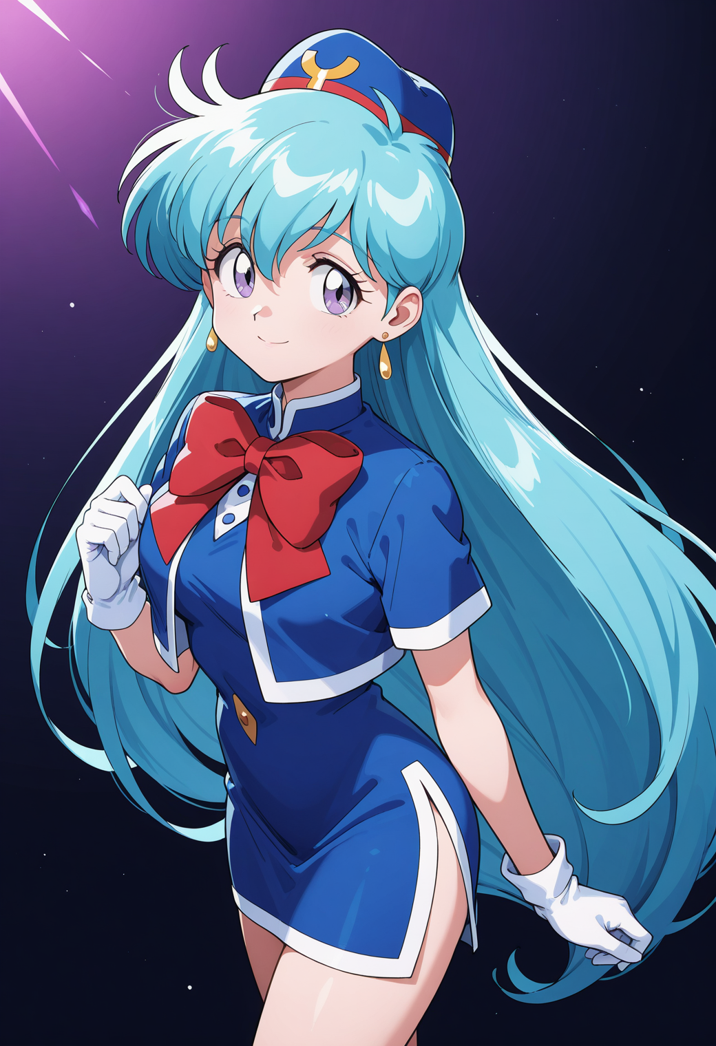 masterpiece, best quality, very aesthetic, absurdres, 1girl, solo, 1990s \(style\), 
<lora:tenjouin_katsura_v03:1>, tenjouin katsura, katsura_tour, purple eyes, blue hair, very long hair,
hat, earrings, blue cropped jacket, blue dress, short sleeves, red bow, bowtie, gloves, white gloves, pencil skirt, side slit, smile, posing,