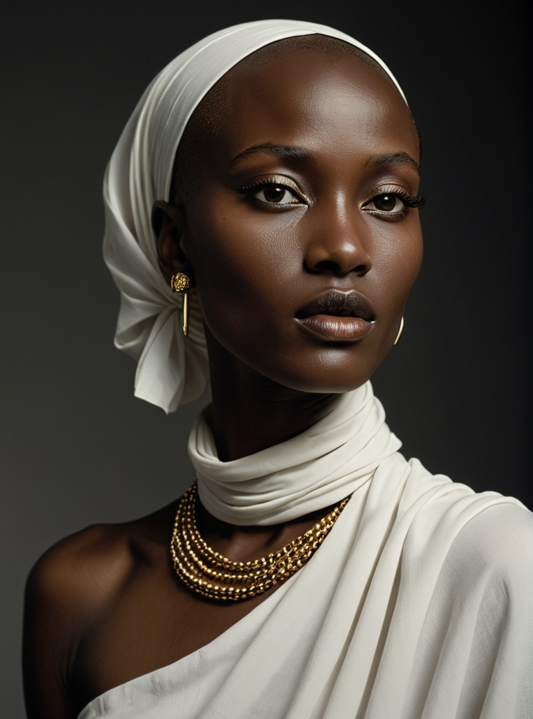 portrait, bald Kenyan girl, fine features, hyper-detailed black eyes, white scarf, thin and muscular face, full lips, gold necklace, white tunic, (Helmut Newton style, Annie Leibovitz, Richard Avedon), fashion photography, pose high contrast studio, side lighting, black background, photographic quality, 4K
