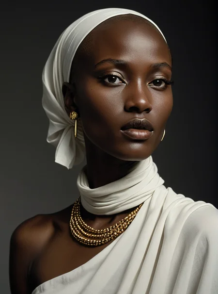 portrait, bald Kenyan girl, fine features, hyper-detailed black eyes, white scarf, thin and muscular face, full lips, gold necklace, white tunic, (Helmut Newton style, Annie Leibovitz, Richard Avedon), fashion photography, pose high contrast studio, side lighting, black background, photographic quality, 4K