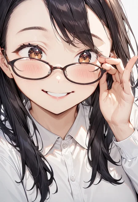 masterpiece, best quality, very aesthetic, absurdres,
1girl, solo, black hair, long hair,
oval_cell, glasses, brown-framed eyewear,
collared shirt, happy, smile, looking at another, adjusting eyewear, white background, simple background,
<lora:oval_glasses_cell-frame2_SDXL_V1:1>