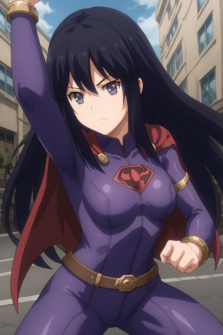 1girl, solo, ayamenb, black hair, long hair, black eyes, purple bodysuit, belt, cape, bracelets, outdoors, street, dynamic pose, serious, :o, superhero pose