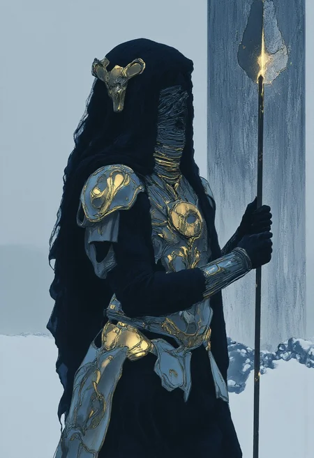 The image is a high-resolution photograph of a dystopian, futuristic scene set in an endless, snow-covered wilderness. The central figure is a Bedouin warrior woman, standing confidently in the half-shadow of a towering snowdrift, blending seamlessly with her surroundings. Her figure is both athletic and voluptuous, accentuated by a provocative yet functional outfit that mixes traditional desert garments with futuristic elements, now adapted to the harsh cold. She wears a flowing, tattered cloak of translucent, frost-white fabric that clings to her form, offering camouflage against the snow's blinding brightness. Beneath the cloak, her attire features fitted armor made of gleaming metallic plates, etched with intricate, geometric patterns reminiscent of ancient Bedouin designs, now frosted over with ice. The armor is strategically placed, revealing glimpses of her pale, frostbitten skin, glowing faintly against the monochrome setting. Her head is partially covered by a hood, designed with a blend of high-tech materials and traditional Bedouin headscarves, with a veil that obscures her face except for her piercing, kohl-lined eyes. Her hair, black and streaked with frost, peeks from under the hood, blending with the swirling snow. In her hands, she wields a sleek, futuristic spear with a shimmering blade that reflects the muted light of the overcast sky. Snowflakes swirl around her, caught in the ethereal glow of her weapon. R3alisticF