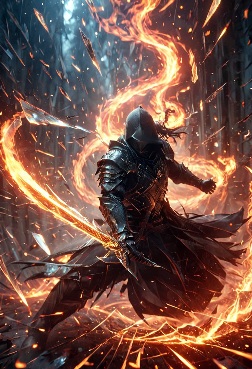 1man, Assasin, Incoming sword, broken glass, reflection, slash, shatter, fire element, holding sword, glowing sword, motion blur, emphasis line, outdoor in the darkness, looking viewer, text, "Z",