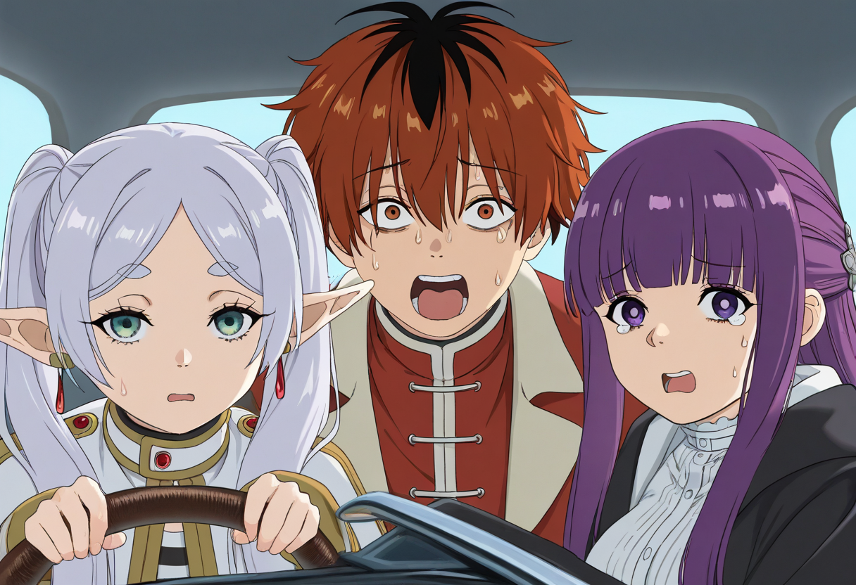 (masterpiece, high quality, amazing detail), highres, power crashes kobeni's car (meme), 2girls, 1boy,  frieren, fern (sousou no frieren), stark (sousou no frieren), multiple girls, car interior, holding, steering wheel, look at viewer, crying with wide eyes open, nervous sweating, from front, <lora:power_crashes_car_meme-10:1>