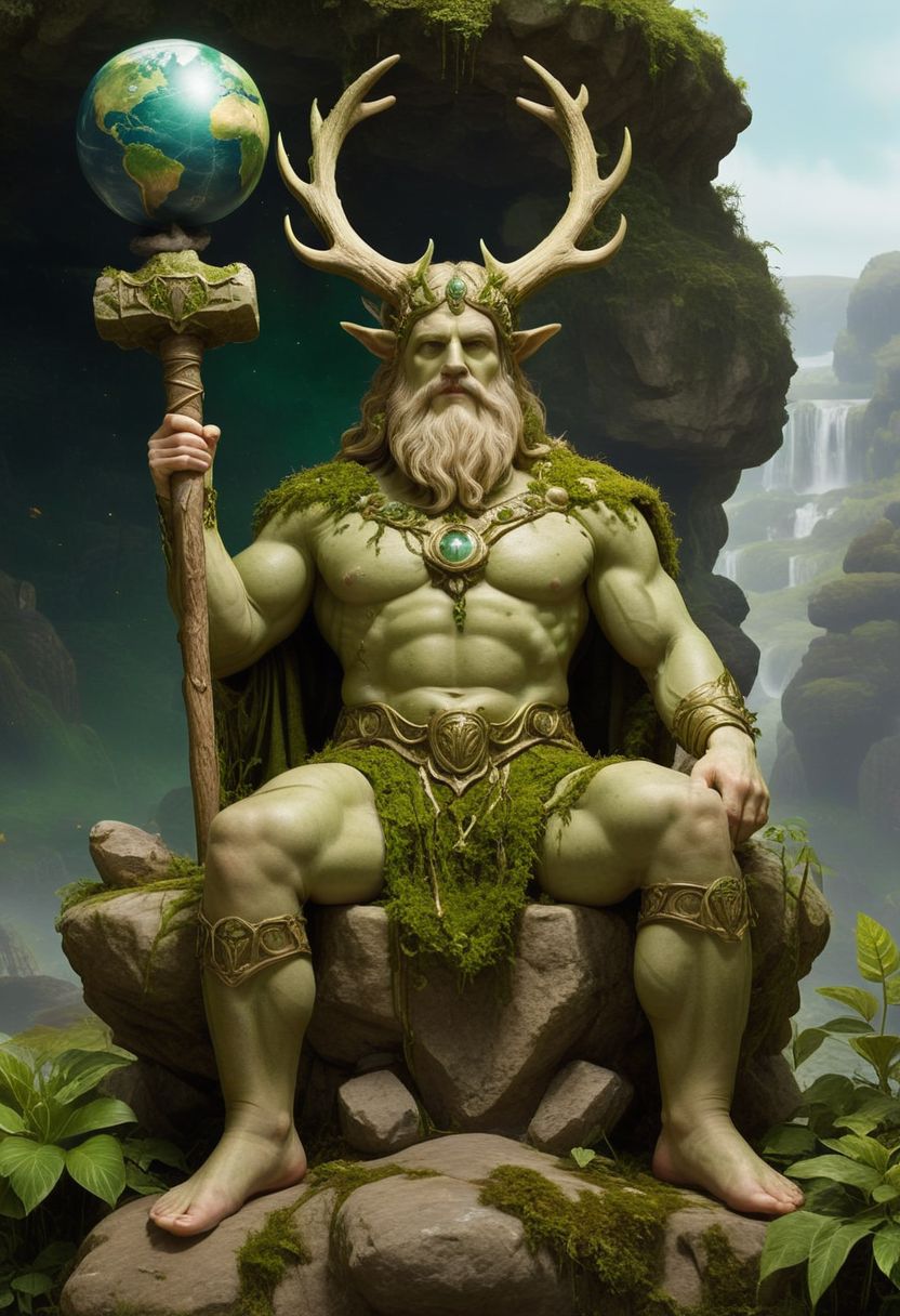 professional photograph, of Cernunnos (the antlered green god of earth) clothed in moss, resting on a solid_rock henge_arch with a huge hammer and a globe, realisticvision-negative-embedding, epiCRealism