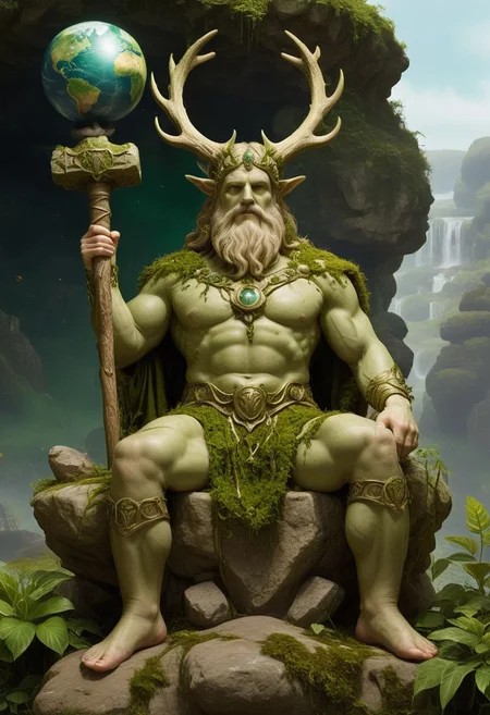professional photograph, of Cernunnos (the antlered green god of earth) clothed in moss, resting on a solid_rock henge_arch with a huge hammer and a globe, realisticvision-negative-embedding, epiCRealism