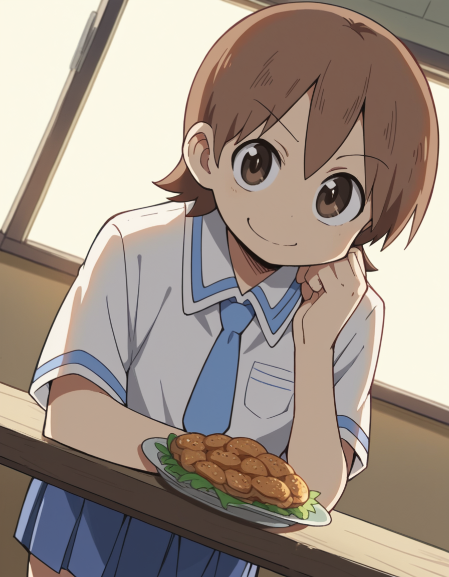 score_9, score_8_up, score_7_up, source_anime, <lora:yuuko-aioi-s1-ponyxl-lora-nochekaiser:1>, yuuko aioi, short hair, brown hair, brown eyes,, skirt, school uniform, necktie, tokisadame school uniform, restaurant, laughter, good food, warm lighting, celebration, , bent over, smug,, looking at viewer, solo,, dutch angle, cowboy shot