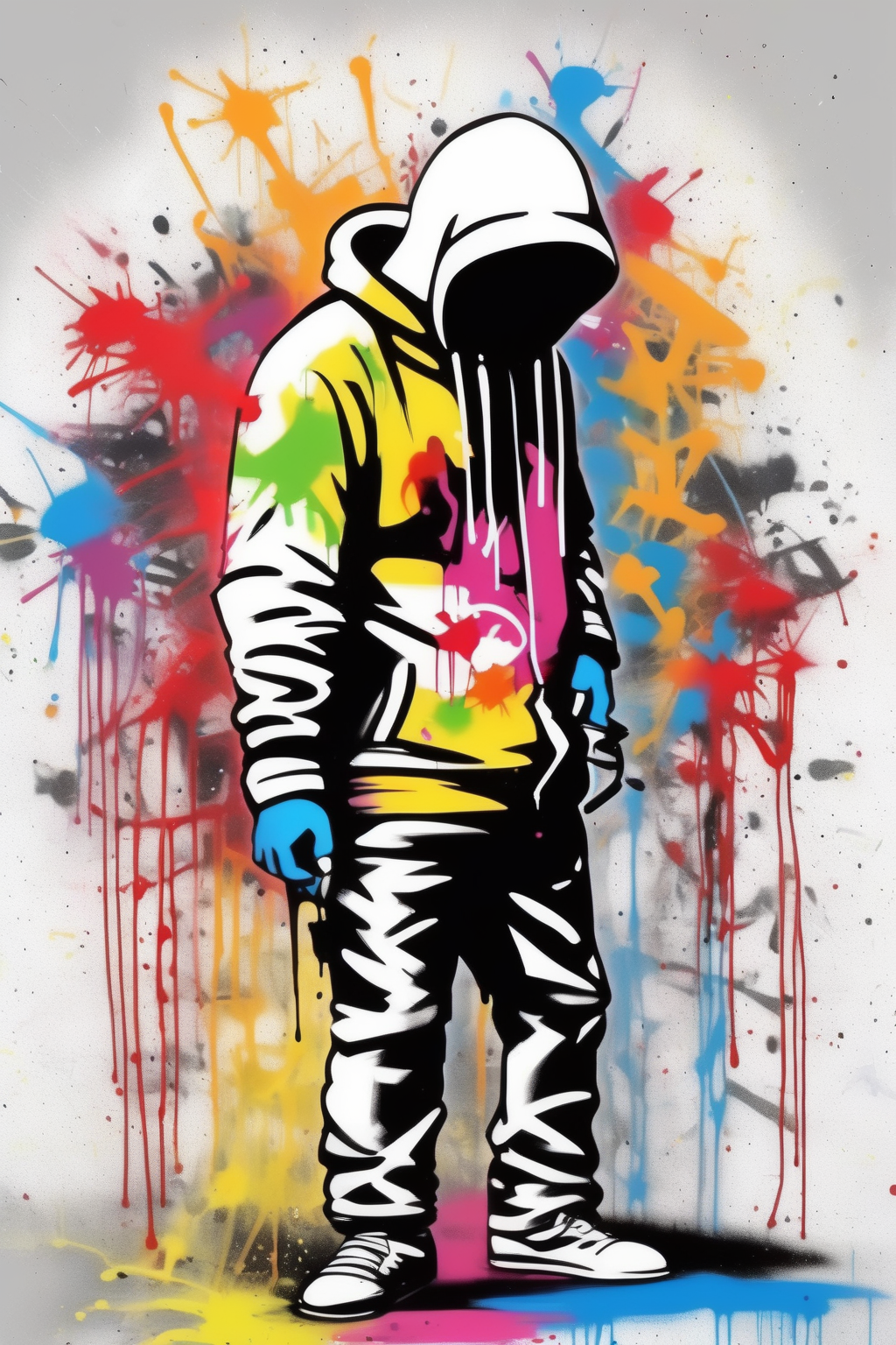 <lora:Martin Whatson Style:1>Martin Whatson Style - graffiti artist spray painting some art. Colour splash graffiti style. Illustration style. Print ready.