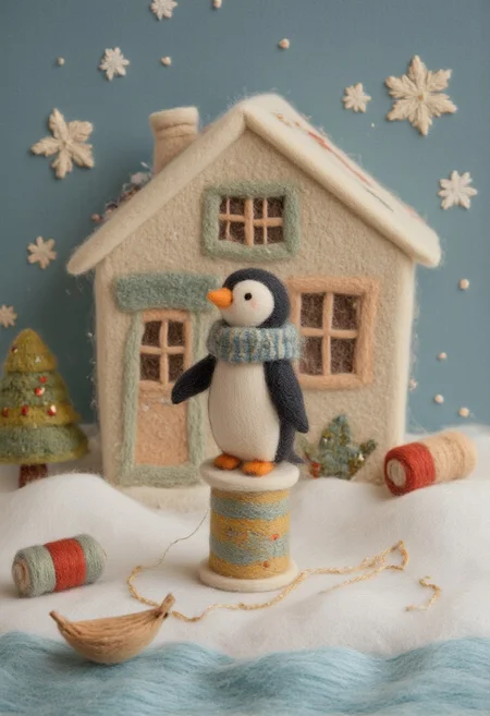 felt-crafted, felt art, a penguin in a knitted sweater sitting atop a spool of thread. The background is a cozy house. Some snowflakes. A pond sits to one side.