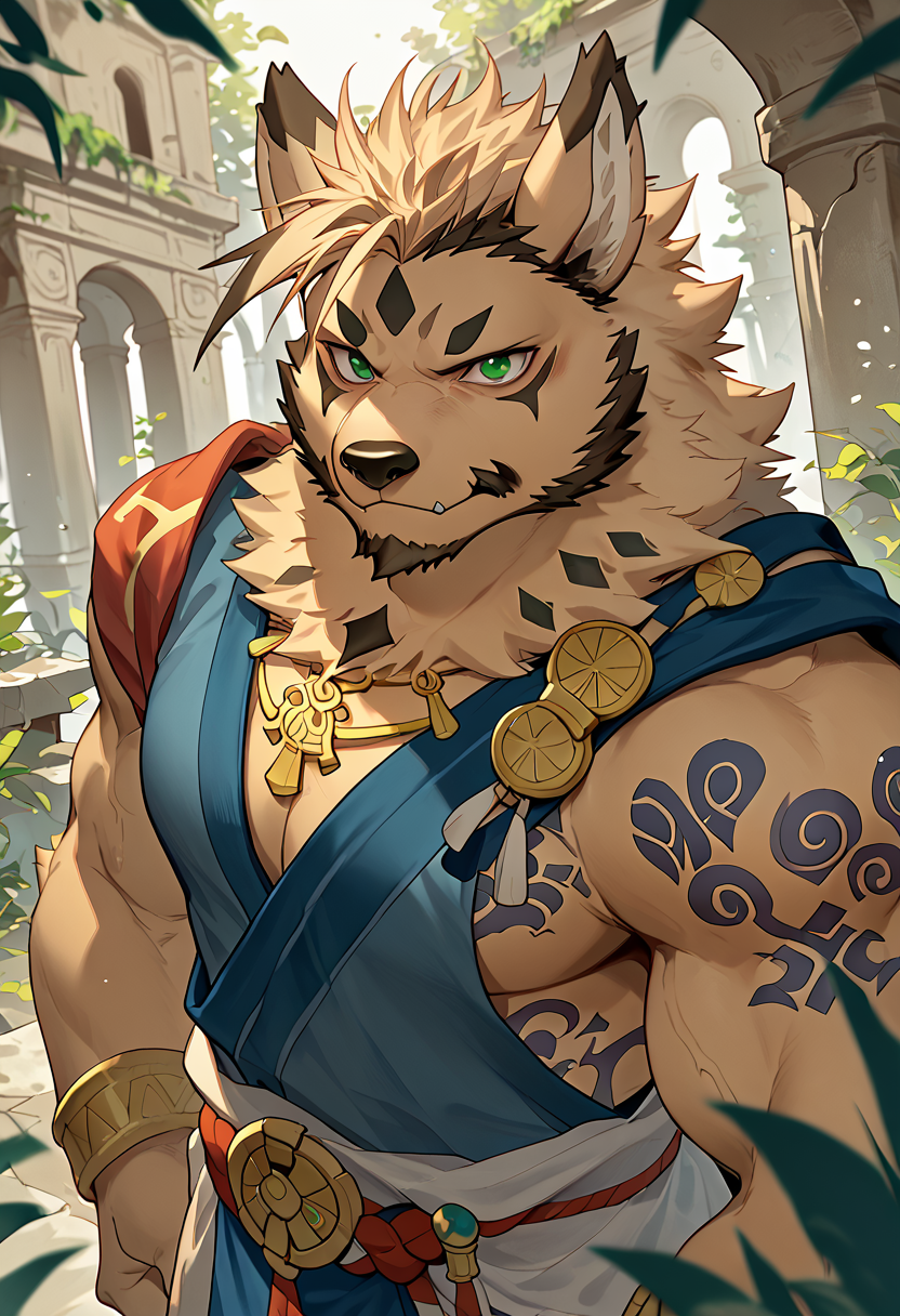 score_9, score_8_up, score_7_up, high quality, hires, 4K, solo, zacharoff, anothereidosr, furry, bara, green eyes, perfecteyes, muscular, cute, chibi, tattoo, looking at viewer, greek ruins, <lora:Zacharoff_AnotherEidos_R:1>, <lora:PerfectEyesXL:1>