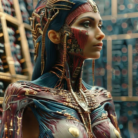 cyberanatomy Cleopatra in the background of the pyramid, cinematic<lora:cyberanatomy:1>