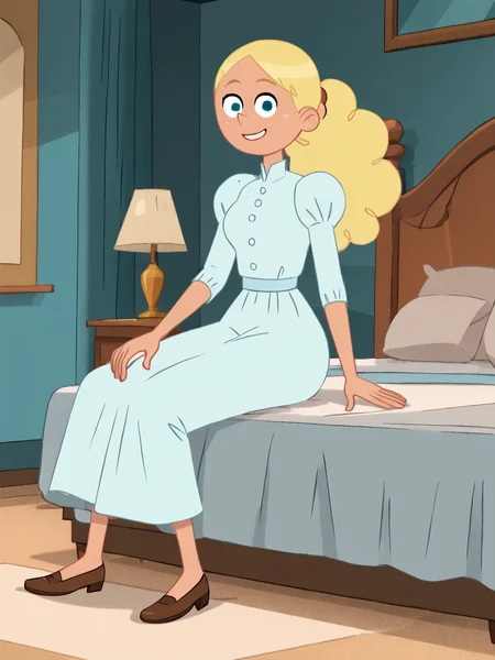 score_9, score_8_up, score_7_up, score_6_up, BREAK, P13rr3tt3, 1girl, solo, long hair, blue eyes, blonde hair, ponytail, white dress, brown footwear, bedroom, sitting on bed, smile, looking at viewer <lora:Pierrette-000009:1>