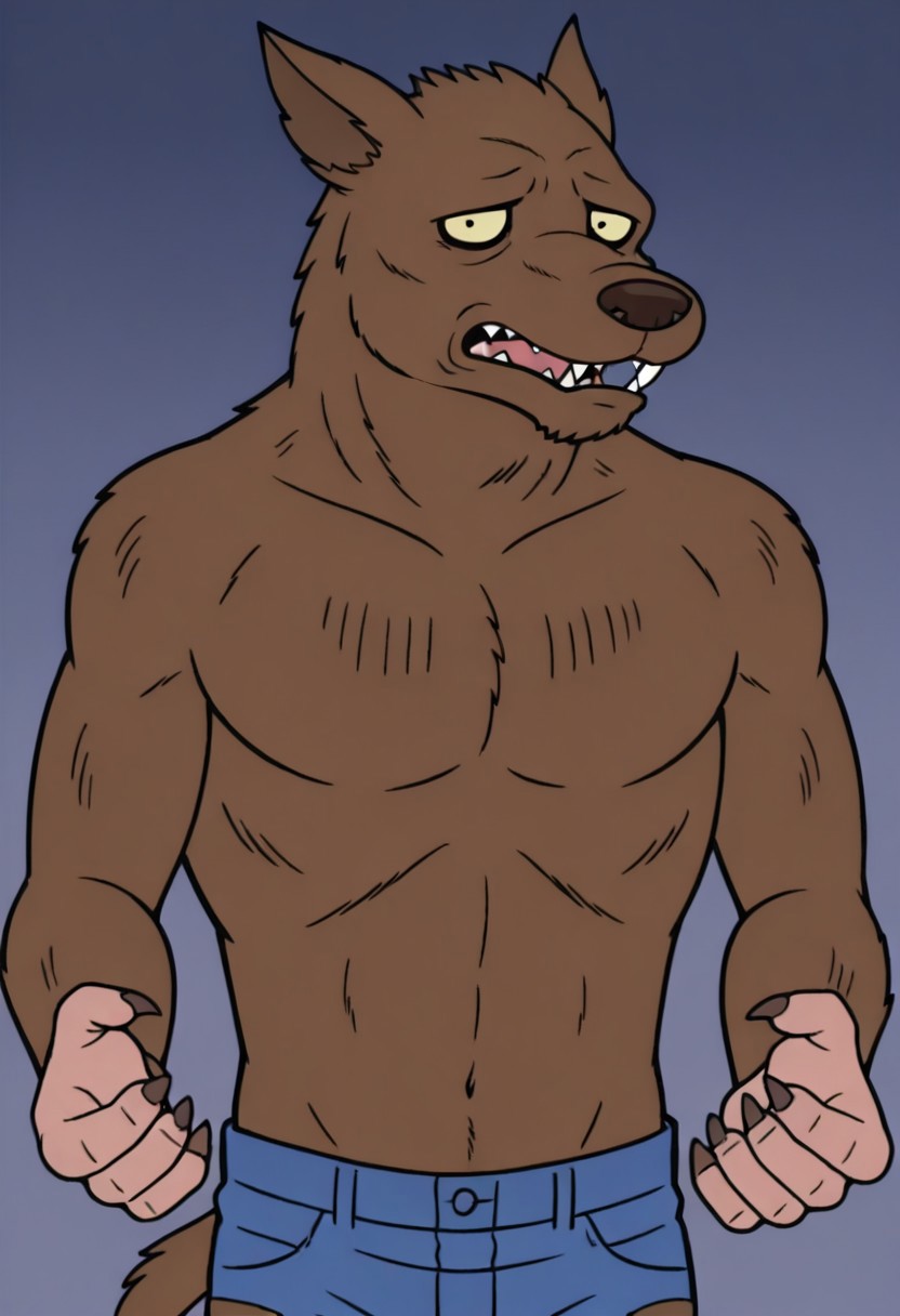 score_9, score_8_up, score_7_up, masterpiece, high quality, best quality, amazing quality, detailed, solo, male, matthew thornton, werewolf, brown fur, dark brown nose, yellow eyes, black pupils, fangs, athletic, topless, ripped jeans, tail, claws, looking at viewer, half body shot, worried, frowning, shrugging, open mouth, simple background.