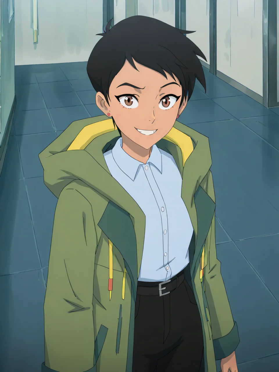 (masterpiece,best quality,newest,absurdres,highres), L01sl4n3, 1girl, solo, short hair, black hair, brown eyes, white shirt, earrings, open clothes, collared shirt, belt, pants, hood, coat, black pants, smile, looking at viewer <lora:Lois_Lane_IllustriousXL:1>