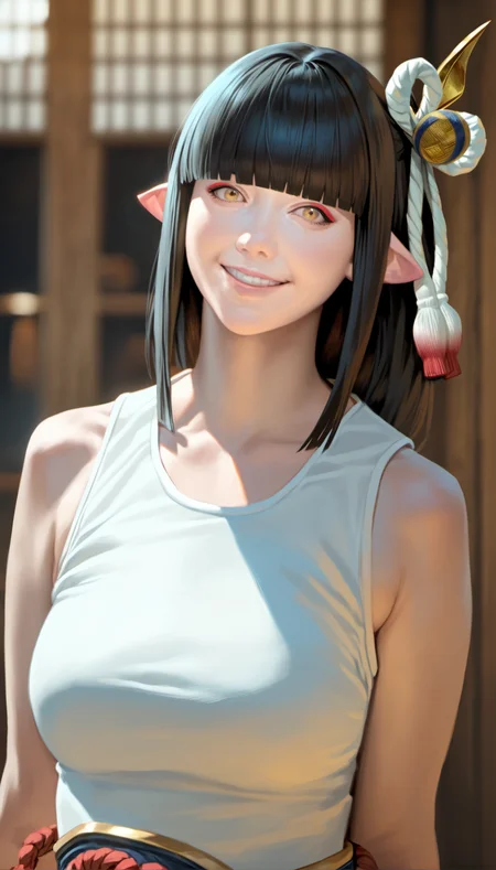 score_9,score_8_up,score_7_up,
<lora:hinoa:0.9>,
mhhinoa,
photorealistic,
1girl, solo, black hair, medium hair, blunt bangs, yellow eyes, looking at viewer, smile, pointy ears, white tank top, portrait,
blurry background,indoors,wooden indoors,lens flare,the blurry outer scene is visible through the door,