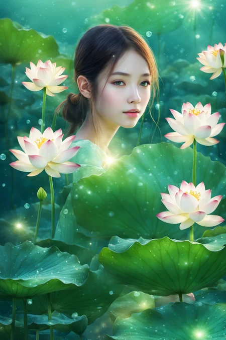 <lora:hehua:0.9>,hv,1girl,young girl,delicate face,flower,lily pad,scenery,lotus,leaf,light particles,nature,outdoors,blurry,light rays,plant,underwater,