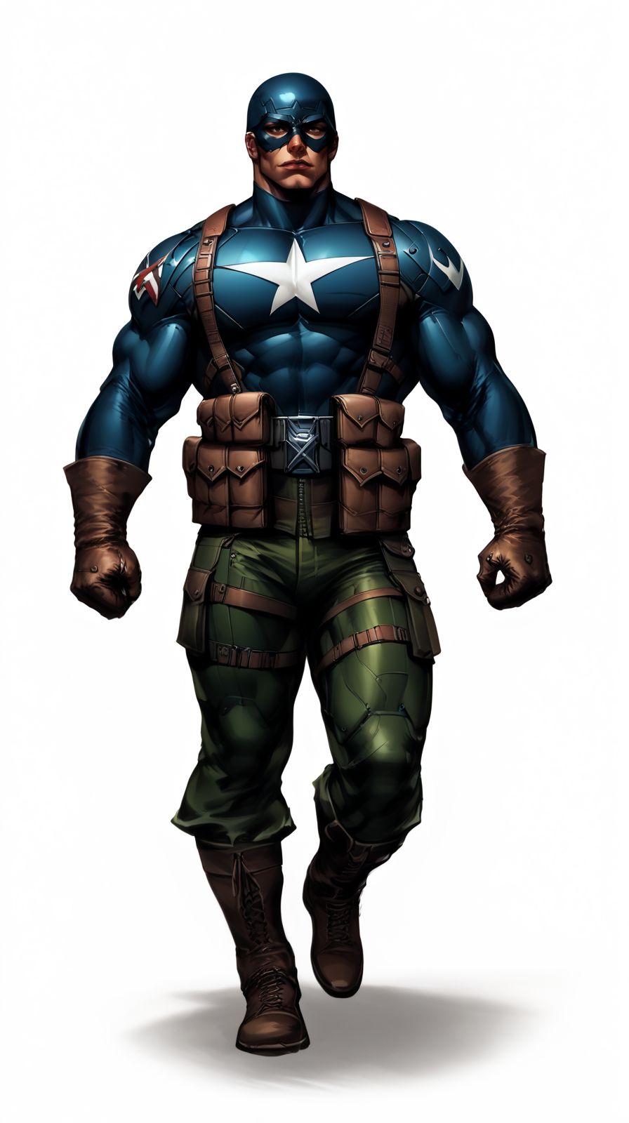 score_9, score_8_up, score_7_up, a man with a strong jaw in a tactical navy blue (muscled superhero costume with green armored highlights:1.2), (m1 helmet:1.4), (superhero domino mask:1.2), leather gloves, laced combat boots, bullet bandolier across his chest, gunslinger belt, huge biceps, (white background:1.2), character design, concept art, detailed face, high Detail, Sharp focus, dramatic, (full body shot:1.2), (solo:1.2), <lora:ArtgermLycoXL:0.5> <lora:c0rb3nXLP:0.5> c0rb3n <lora:detailed_hands:1> hands, <lora:ComicsPonyXL_V2:0.7> Comistyle  <lora:WW2_Superhero_Costume:1>