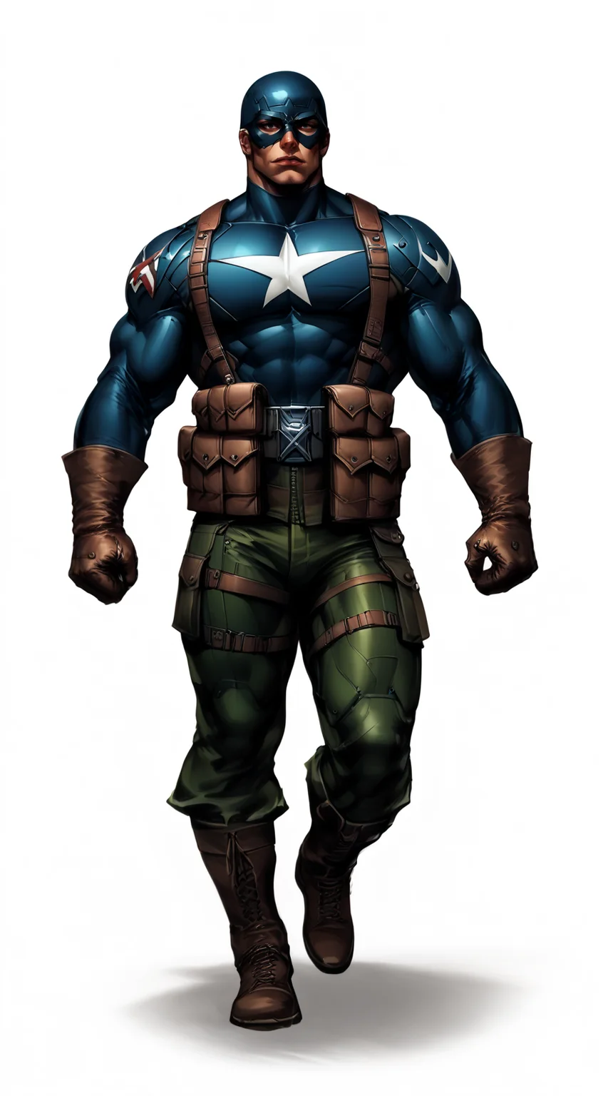 score_9, score_8_up, score_7_up, a man with a strong jaw in a tactical navy blue (muscled superhero costume with green armored highlights:1.2), (m1 helmet:1.4), (superhero domino mask:1.2), leather gloves, laced combat boots, bullet bandolier across his chest, gunslinger belt, huge biceps, (white background:1.2), character design, concept art, detailed face, high Detail, Sharp focus, dramatic, (full body shot:1.2), (solo:1.2), <lora:ArtgermLycoXL:0.5> <lora:c0rb3nXLP:0.5> c0rb3n <lora:detailed_hands:1> hands, <lora:ComicsPonyXL_V2:0.7> Comistyle  <lora:WW2_Superhero_Costume:1>