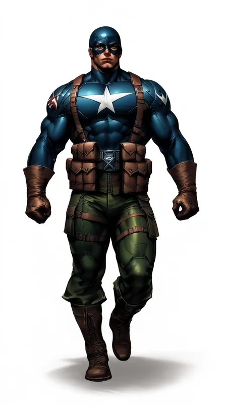 score_9, score_8_up, score_7_up, a man with a strong jaw in a tactical navy blue (muscled superhero costume with green armored highlights:1.2), (m1 helmet:1.4), (superhero domino mask:1.2), leather gloves, laced combat boots, bullet bandolier across his chest, gunslinger belt, huge biceps, (white background:1.2), character design, concept art, detailed face, high Detail, Sharp focus, dramatic, (full body shot:1.2), (solo:1.2), <lora:ArtgermLycoXL:0.5> <lora:c0rb3nXLP:0.5> c0rb3n <lora:detailed_hands:1> hands, <lora:ComicsPonyXL_V2:0.7> Comistyle <lora:WW2_Superhero_Costume:1>