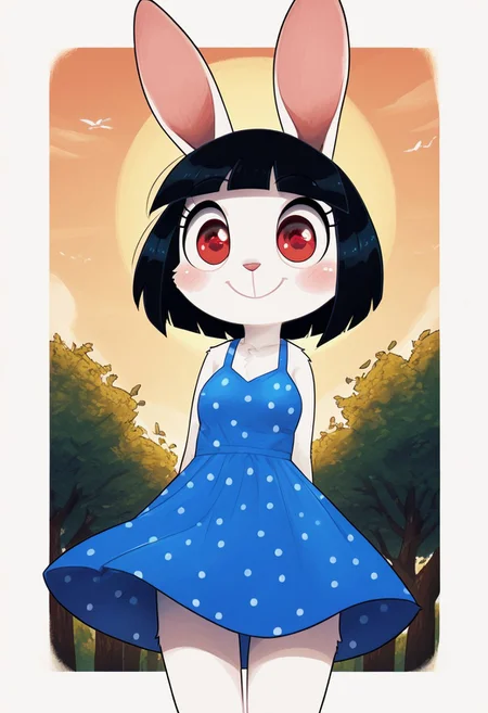 score_9, score_8_up, score_7_up, score_6_up, innocent and alluring, masterpiece, best quality, 1girl, 21 year old, (cute, anthro, female, bunny , thin body, detailed face, beautiful detailed eyes, red eyes, small round breasts, white fur, round head,bunny ears, black hair, bob cut), (outdoors, sunny day, trees, polka dots dress, happy, smile, sundress, sun), (solo)
