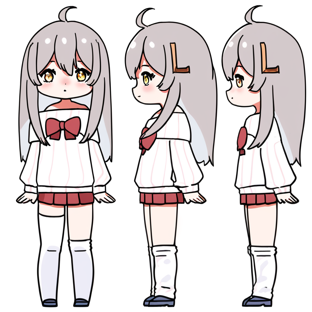 score_9, score_8_up, score_7_up, BREAK, BREAK source_anime, 
vpet, 1girl, (solo), grey hair, chibi, bangs, hair ornament, L-shaped barrette, one barrette, ahoge, long hair, skirt, long sleeves, (full body), red skirt, pleated skirt, shirt, bow, red bow, standing, white shirt, striped shirt, off shoulder, sweater, vertical stripes shirt, hair between eyes, sleeves past wrists, white sweater, puffy long sleeves, bare shoulders, virtual youtuber, miniskirt, off-shoulder shirt, striped shirt, asymmetrical legwear, hairclip, facing viewer, eye contact,off-shoulder sweater, looking at viewer, puffy sleeves,
yellow eyes, open eyes,beautiful eyes,
white background, plain background, no background,
<lora:vpet_pony_xl:1>  <lora:character_sheet:1>