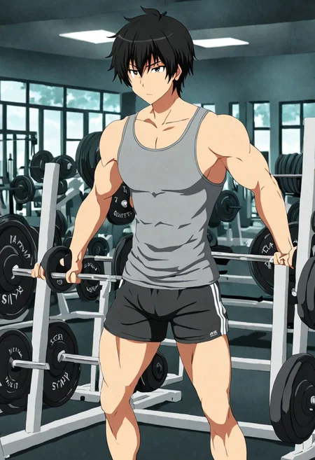 high resolution, solo, best quality, 1Boy, Kanie Seiya, Black Hair, Gym, tank top, shorts, exercise, sixpack, OverallDetail
