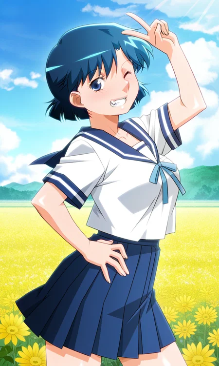 <lora:yuu-super-real-mahjongponyxl:1>, masterpiece, best quality, 1girl, solo, yuu (super real mahjong), blue hair, short hair, tomboy, blue eyes, small breasts, anime_screencap,
collarbone, bangs, school uniform, blue ribbon, neck ribbon, sailor collar, short sleeves, white shirt, blue skirt, pleated skirt, from side, grin, happy, smug, teeth, fang, one eye closed, v, arm up, hand own hip, looking at viewer, legs apart, standing, outdoor, cloud sky, (field:1.2), flower fields, (blue sky:1.2),