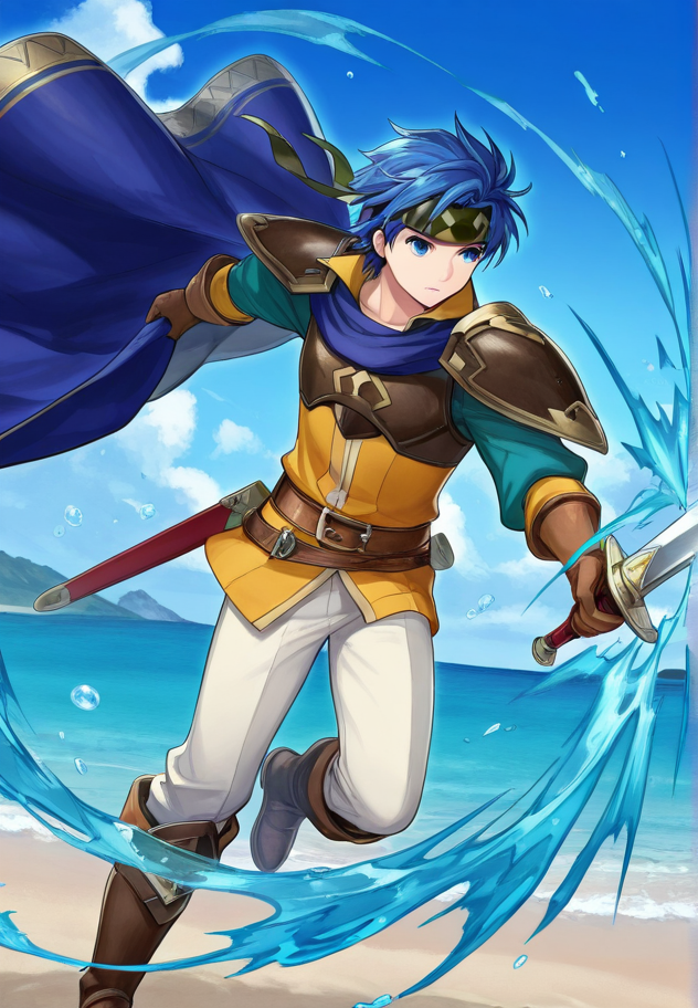 masterpiece, best quality, amazing quality, very aesthetic, absurdres,  newest, detailed background, secluded beach,, 
feh, magicaura, magic, water, bubbles, aura,
1boy, male focus, weapon, blue hair, blue eyes, sword, cape, headband, solo, gloves, armor, full body, holding weapon, holding, belt, boots, shoulder armor, holding sword, pants,
<lora:Fire_Emblem_Heroes_Style:1> <lora:Magic_Aura:1>