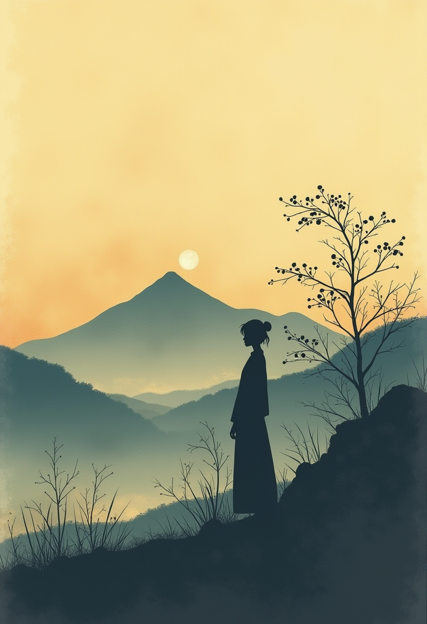 Ukiyo-e woodblock print, a minimalist landscape featuring silhouetted mountains and a hazy golden horizon. A young woman's silhouette, viewed from behind, is rendered with clean lines and subtle curves. Golden leaf accents suggest refined detail. A feeling of quiet contemplation within a tranquil, ethereal setting. anime like.