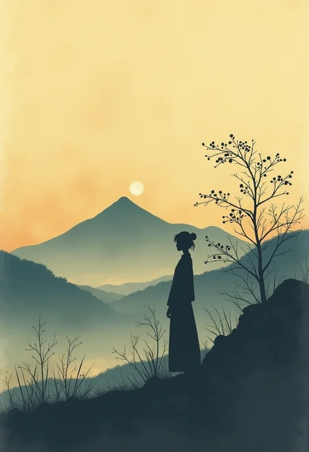Ukiyo-e woodblock print, a minimalist landscape featuring silhouetted mountains and a hazy golden horizon. A young woman's silhouette, viewed from behind, is rendered with clean lines and subtle curves. Golden leaf accents suggest refined detail. A feeling of quiet contemplation within a tranquil, ethereal setting. anime like.