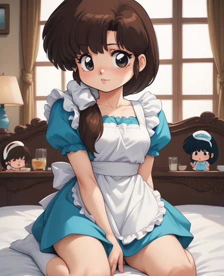 score_9, score_8_up, score_7_up, score_6_up, score_5_up, score_4_up, rating_explicit,
 <lora:K4sum1PNYXl_v00:1> tendou_kasumi, white apron, blue dress, <lora:jrXLP:1> jr, chibi,