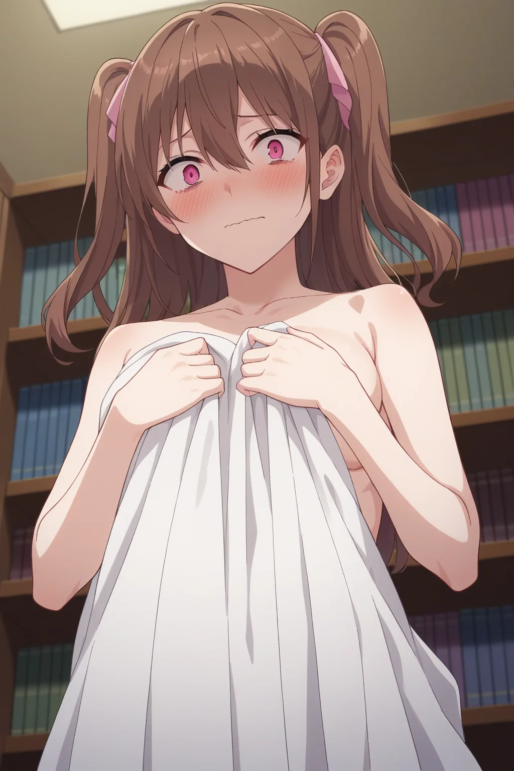 score_9, score_8_up, score_7_up, source_anime, 1girl, prefect lighting, very aesthetic, intricate details, highly detailed background, masterpiece, high quality, prefect hands, best quality, solo,
<lora:Mikari_Tachibana_2.5_Dimensional_Seduction_V1:.85>, KJOmikari, brown hair, pink eyes, two side up, hair between eyes,
covering with blanket,
embarrassed, constricted pupils, blush, from below, looking at viewer, wavy mouth,
room, bookshelf,
(Beautiful, medium Breasts:1.2), natural breasts,