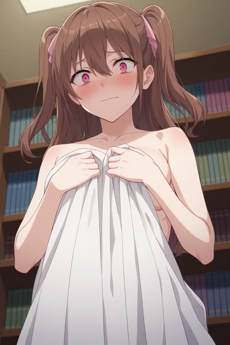 score_9, score_8_up, score_7_up, source_anime, 1girl, prefect lighting, very aesthetic, intricate details, highly detailed background, masterpiece, high quality, prefect hands, best quality, solo,
<lora:Mikari_Tachibana_2.5_Dimensional_Seduction_V1:.85>, KJOmikari, brown hair, pink eyes, two side up, hair between eyes,
covering with blanket,
embarrassed, constricted pupils, blush, from below, looking at viewer, wavy mouth,
room, bookshelf,
(Beautiful, medium Breasts:1.2), natural breasts,