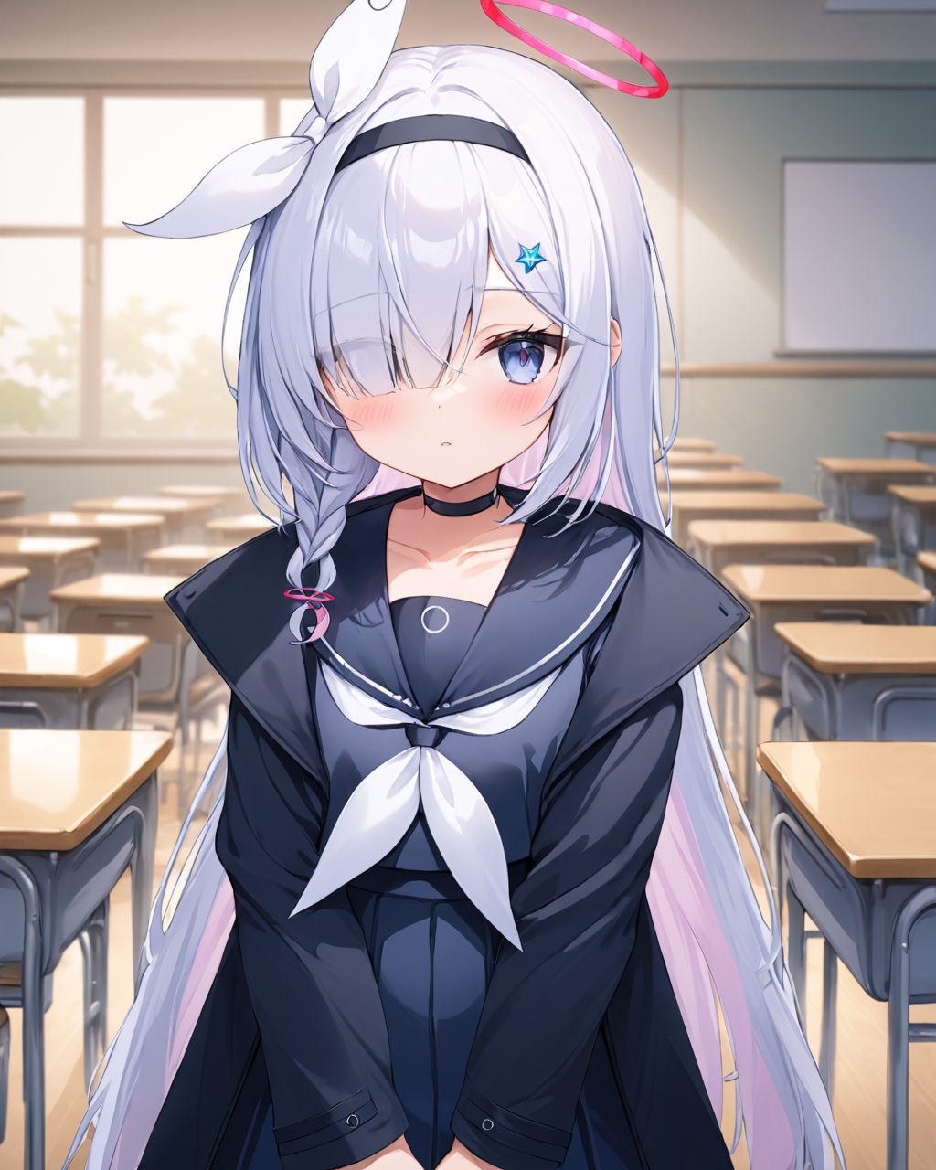 plana \(blue archive\),1girl, solo, hair_over_one_eye, halo, neckerchief, black_choker, black_hairband, looking_at_viewer, school_desk, black_skirt, black_sailor_collar, single_braid, long_sleeves, shirt, blush, index_finger_raised, side_braid, open_jacket, black_serafuku, black_jacket, collarbone, blurry_background, hair_ornament, hair_ribbon, indoors, classroom, parted_lips, pleated_skirt, hand_up
<lora:plana_(blue_archive)_image5824_2023-12-03-000009:1>halo. gorgeous,key visual, vibrant, studio anime,award-winning, professional, highly detailed,high budget, cinemascope