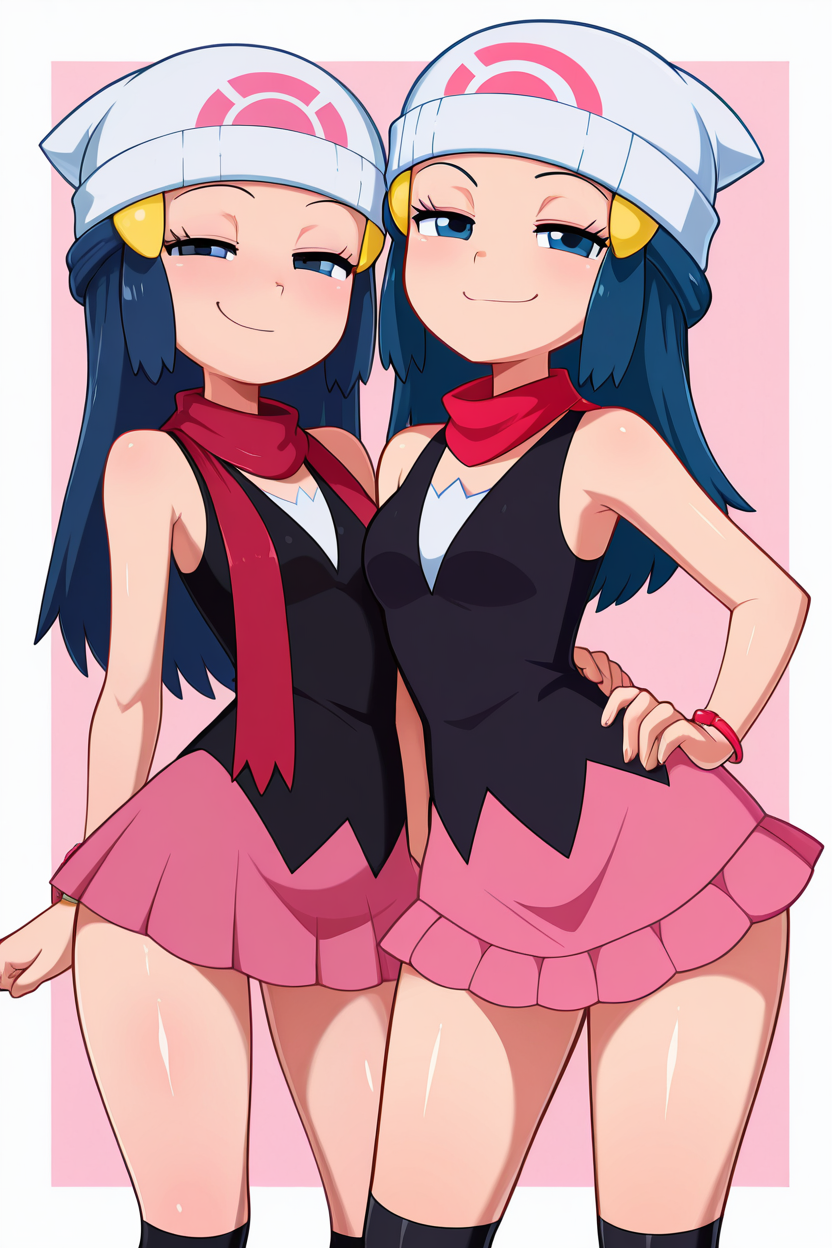 masterpiece, best quality, zzDawn, blue hair, blue eyes, sidelocks, long hair, bare shoulders, beanie, black shirt, black socks, bracelet, hat, jewelry, kneehighs, miniskirt, pink skirt, red scarf, scarf, shirt, skirt, sleeveless, sleeveless shirt, white headwear,  <lora:DawnPokemonIXL_e07:1.0>   <lora:LandidzuStyleIXL:1.0>,cowboy shot, hand on hip, smug, smile, looking at viewer, shiny skin,