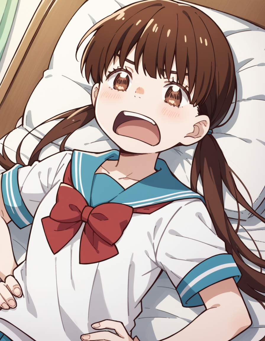 score_9, score_8_up, score_7_up, source_anime, <lora:hinata-kawamoto-s2-ponyxl-lora-nochekaiser:1>, hinata kawamoto, long hair, bangs, brown hair, twintails, brown eyes, low twintails,, shirt, bow, school uniform, white shirt, short sleeves, serafuku, bowtie, sailor collar, red bow, blue sailor collar, red bowtie,, bedroom, alarm clock, morning routine, yawning, stretching, on bed,, , , smug, hands on hips,, solo,, dutch angle,