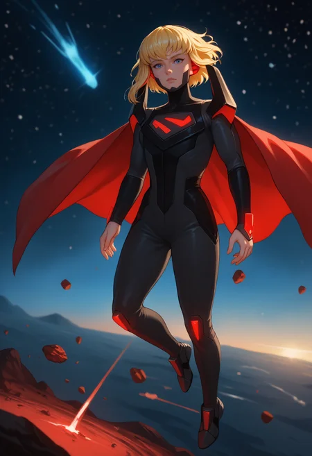 score_9, score_8_up, score_7_up, 1girl, solo, karazoreldef, blue eyes, short hair, blonde hair, medium breasts, toned,
karazorelfit, red earpiece, red cape, red glow, black two-tone bodysuit, shoulder armor,
looking at viewer, full body,
space, asteroid field, floating, airborne,
<lora:Kara-Zor-ElPDXL_V1-Manityro-CAME:1.0>