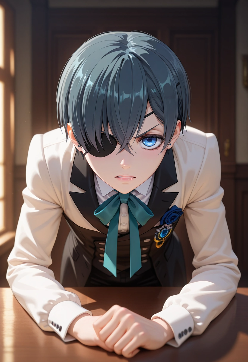 masterpiece, best quality, , (3d:0.4), , 1boy, solo, male focus, <lora:ciel_phantomhive_ilxl:0.94>, ciel_phantomhive, black hair, blue eyes, short hair, eyepatch, hand on table, leaning forward, intense expression, focused pose, natural lighting,