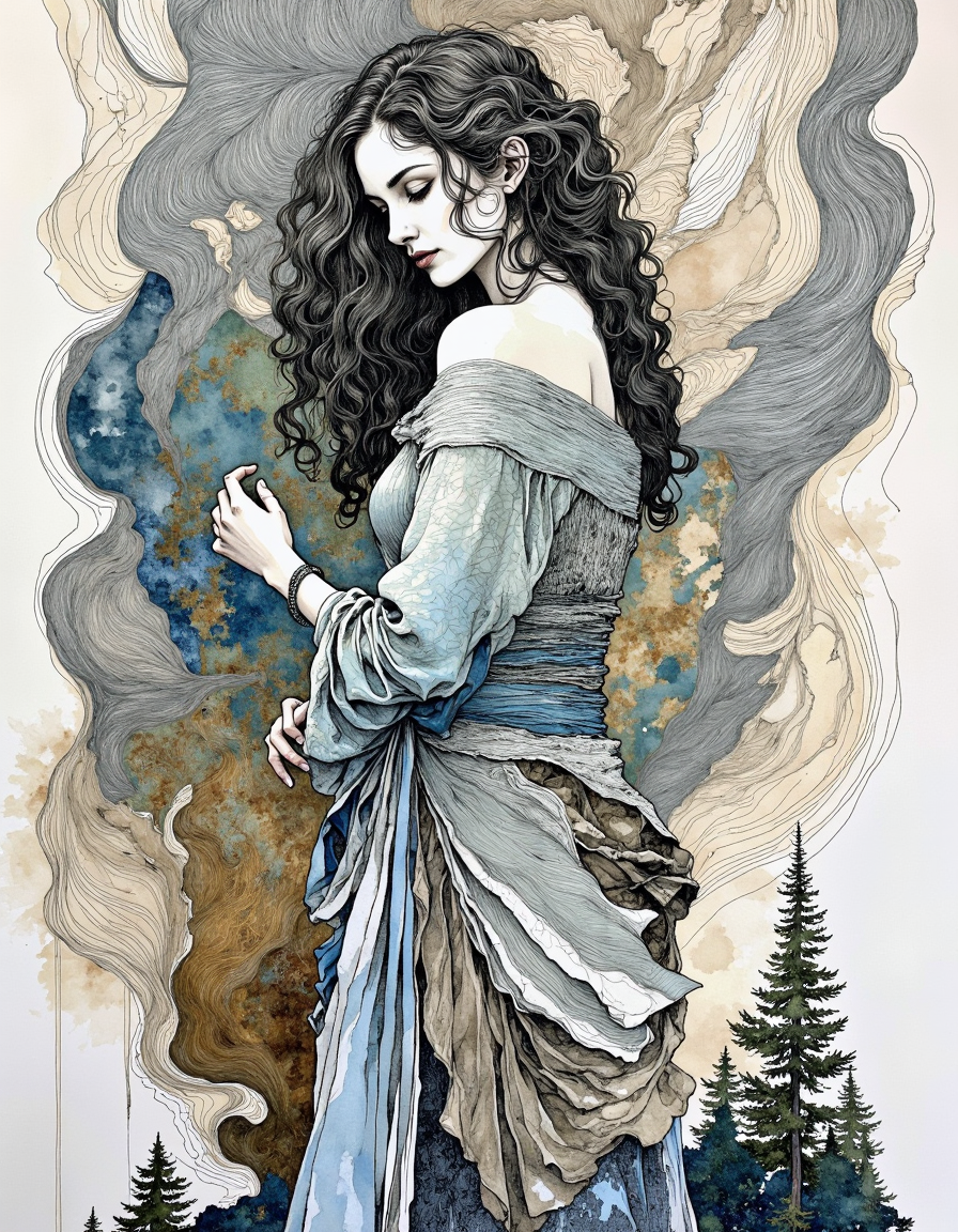 This image is a highly detailed, surreal watercolor and ink drawing of a woman in a contemplative pose. The woman has pale skin and voluminous, curly, dark hair that cascades down her shoulders. She is wearing a flowing, long-sleeved dress that appears to be made of a textured, slightly translucent fabric, with a soft, muted blue and gray color palette. The dress drapes elegantly around her body, emphasizing her slender figure.
The background is an abstract blend of swirling, organic shapes in shades of gray, beige, and brown, creating a sense of depth and movement. The colors blend seamlessly, with hints of blue and green, adding a sense of tranquility to the scene. There are also abstract trees and foliage depicted in the lower part of the image, contributing to the naturalistic yet fantastical atmosphere.
The overall style of the drawing is a mix of realism and fantasy, with a focus on intricate details and fluid lines. The womanâs expression is serene and introspective, her eyes cast downward, adding to the ethereal and dreamlike quality of the artwork. The combination of the woman's graceful pose and the ethereal background creates a harmonious and captivating visual experience. <lora:Illustration_Style_IV-3:1>