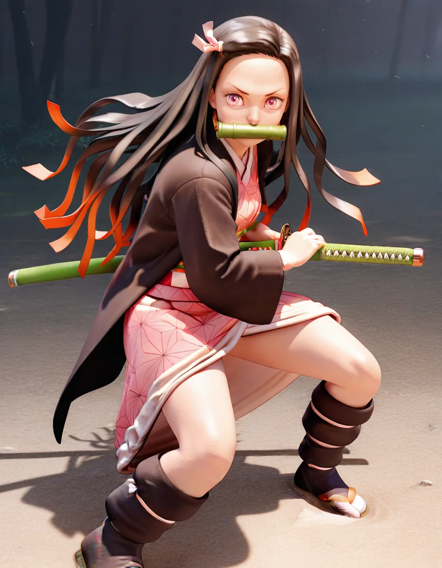 <lora:Artist_Style_-_Fugtrup_ep7_IlXL_by_ME_3D:0.7>, f4gtr4p, 3d, 1girl, solo, <lora:iaido_Illust_v1:1>, iaidou, weapon, katana, holding sword, ready to draw, sheathed, unsheathing, scabbard, fighting stance, battoujutsu stance, professional 3d model (masterpiece, best quality, ultra-detailed, absurdres, newest, detailed textures, correct anatomy:1), complex background, <lora:Nezuko1llust:0.7>, kamado nezuko, hair ribbon, long hair, black hair, pink eyes, multicolored hair,bamboo bit gag, blunt ends