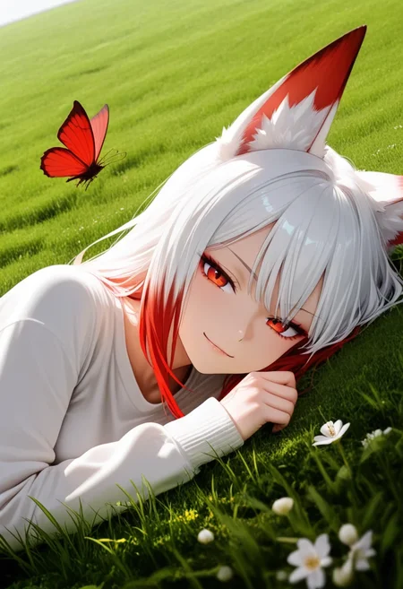 <lora:illustriousXL_stabilizer_v1.3:0.8><lora:touching_grass_v0.2:1>1girl,fox ears,red hair,white hair,red eyes,multicolored hair,lying on grass field,upper body,on side,looking at viewer,shirt,long sleeves,smirk,red butterfly,depth of field,flower,