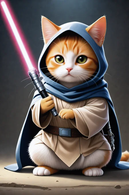a master jedi cat in star wars with a lightsaber, wearing a jedi cloak hood (cat:1.3)