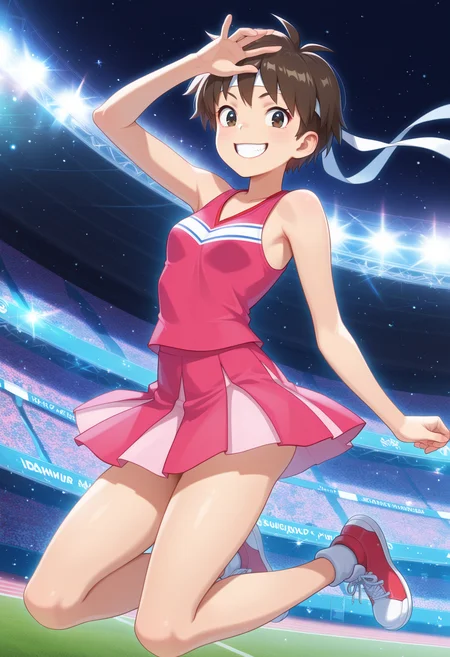 masterpiece, best_quality, amazing_quality, ,11girl, solo, looking_at_viewer, kasugano_sakura, 1dawncheer, sleeveless, pink_shirt, long_shirt, pink_skirt1grin111, stadium, jumping,midair