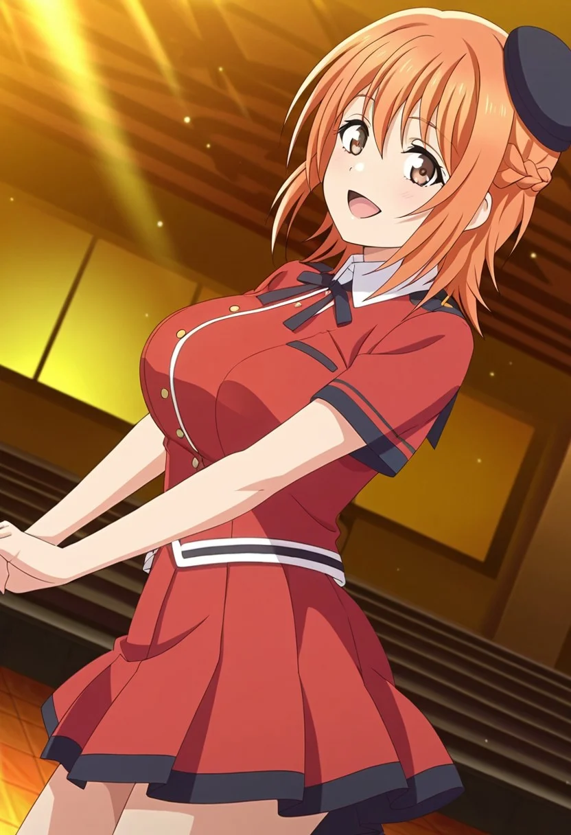 general,highres, ultra-detailed,very aesthetic,best quality ,best hands,best eyes,easynegative,
dynamic anglre, dutch angle, anime cloring,anime screencap,
1girl solo,looking at viewer,on stage, concert hall, dancing, smile, open mouth,
Miho Fujigasaki,orange hair, short_hair, braid, brown eyes, huge_breasts,shirt,skirt, hat,