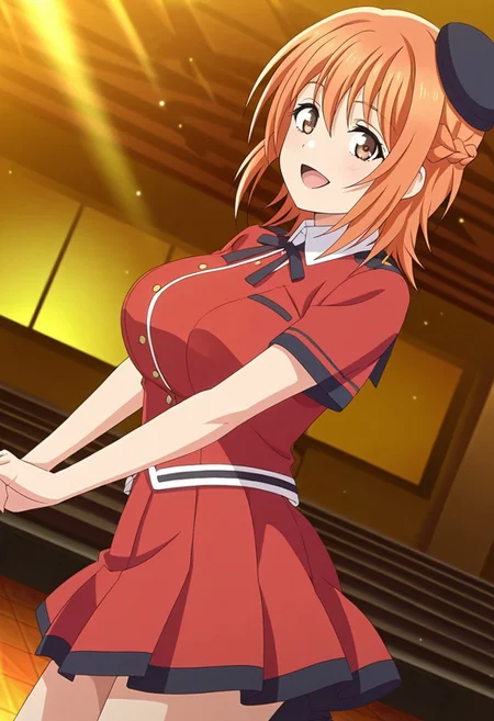 general,highres, ultra-detailed,very aesthetic,best quality ,best hands,best eyes,easynegative,
dynamic anglre, dutch angle, anime cloring,anime screencap,
1girl solo,looking at viewer,on stage, concert hall, dancing, smile, open mouth, 
Miho Fujigasaki,orange hair, short_hair, braid, brown eyes, huge_breasts,shirt,skirt, hat,