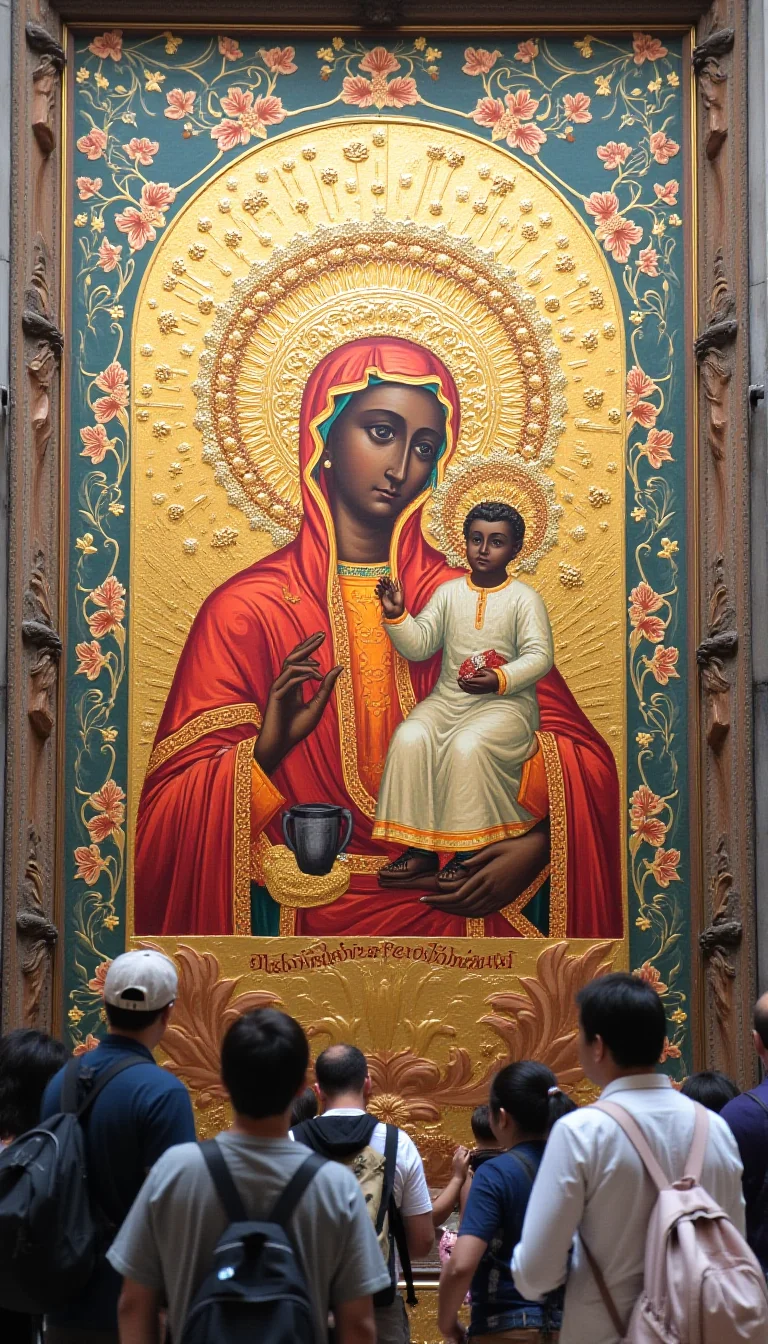 A large wall featuring an image of the @blckmdnna1 black_madonna and child with people standing around looking at it
